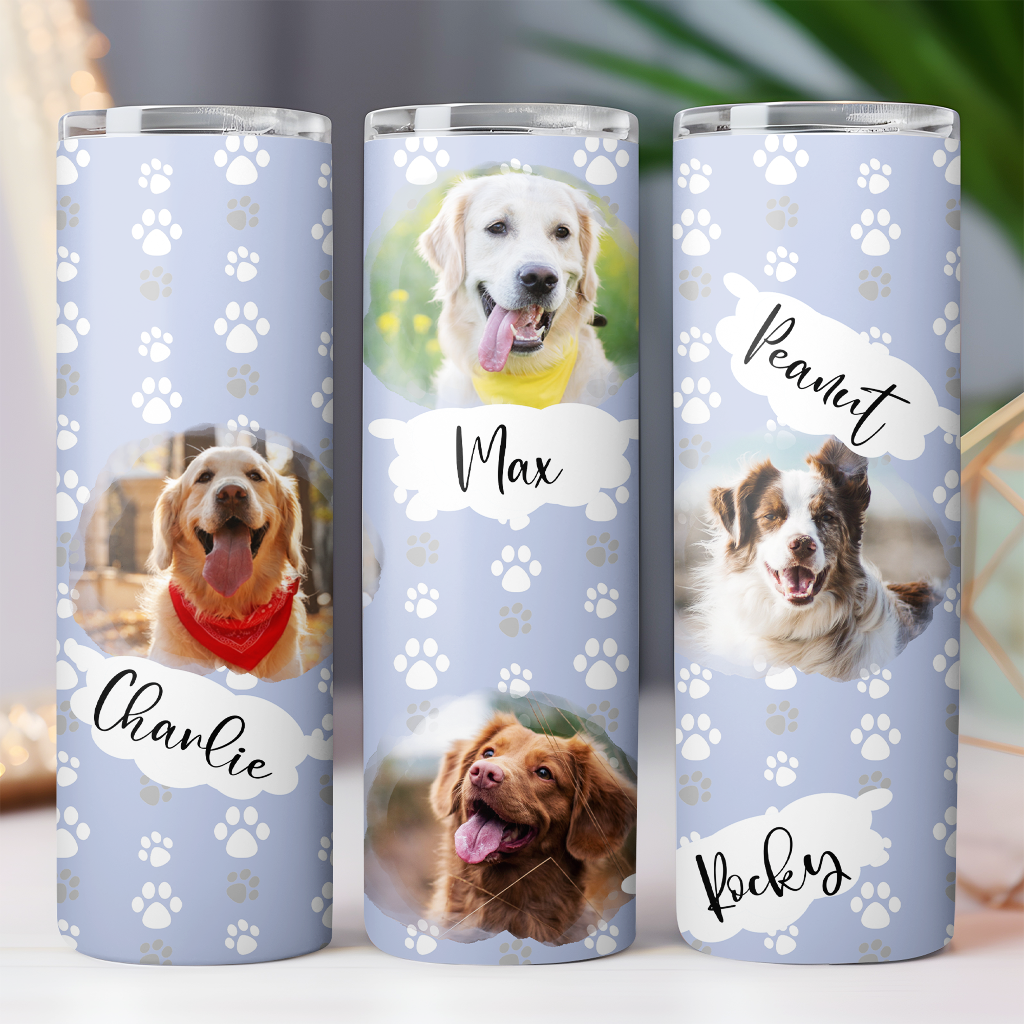 Dog With Paws Pattern - Personalized Custom Dog Photo Skinny Tumbler - Gift for Dad, Gift for Mom T933