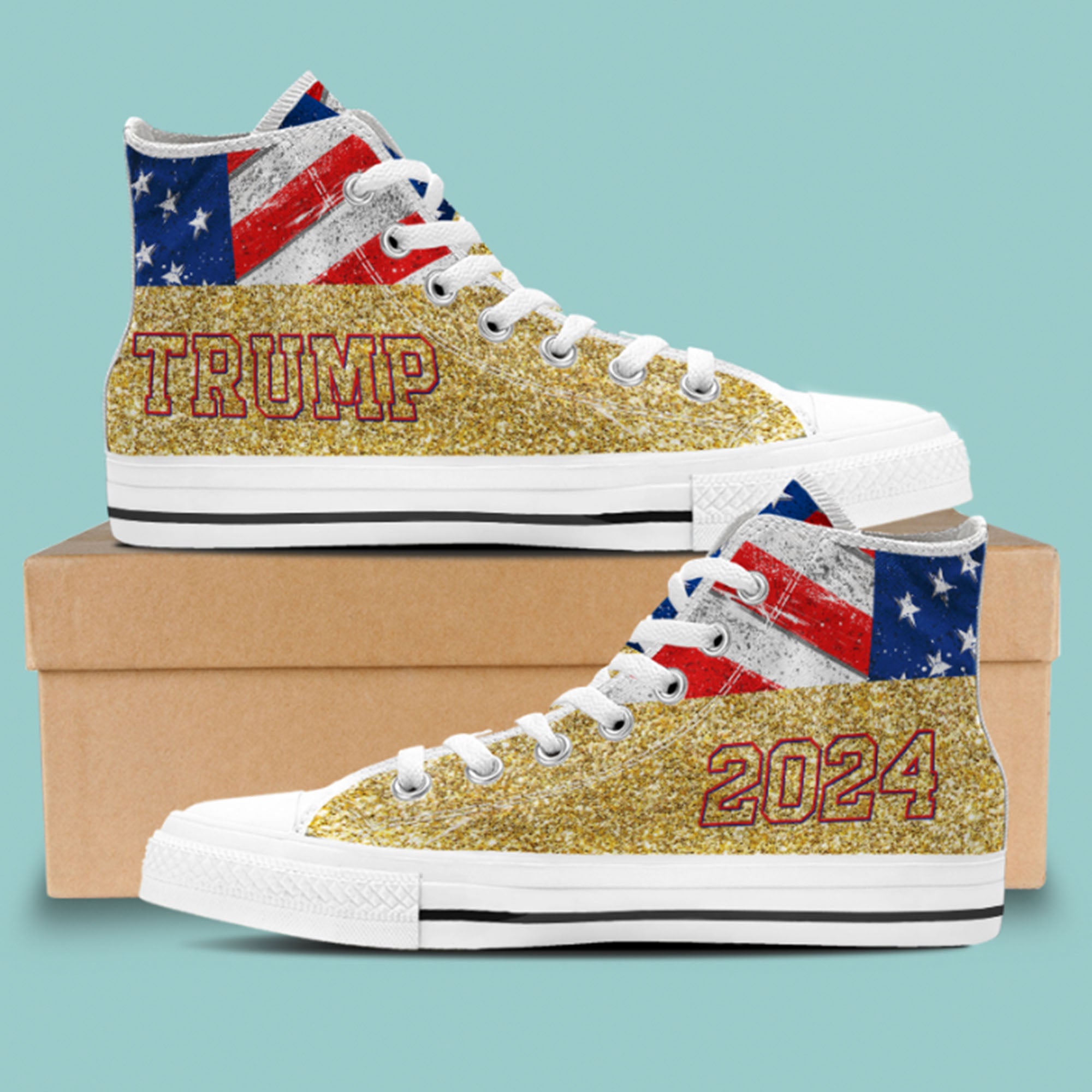 TRUMP 2024 Gold Glitter Effect Unisex Shoes | Donald Trump Fan High Top Canvas Shoes C1034 - GOP