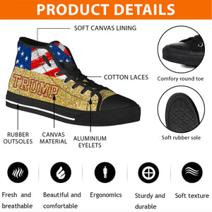 TRUMP 2024 Gold Glitter Effect Unisex Shoes | Donald Trump Fan High Top Canvas Shoes C1034 - GOP