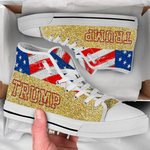 TRUMP 2024 Gold Glitter Effect Unisex Shoes | Donald Trump Fan High Top Canvas Shoes C1034 - GOP