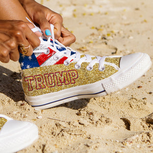 TRUMP 2024 Gold Glitter Effect Unisex Shoes | Donald Trump Fan High Top Canvas Shoes C1034 - GOP