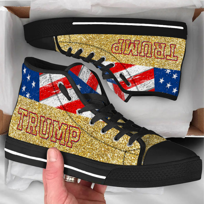TRUMP 2024 Gold Glitter Effect Unisex Shoes | Donald Trump Fan High Top Canvas Shoes C1034 - GOP