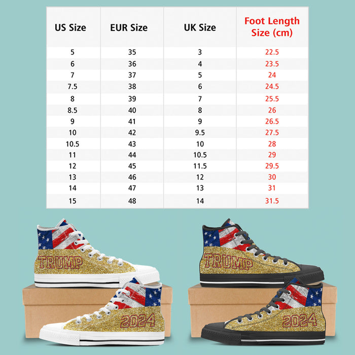 TRUMP 2024 Gold Glitter Effect Unisex Shoes | Donald Trump Fan High Top Canvas Shoes C1034 - GOP