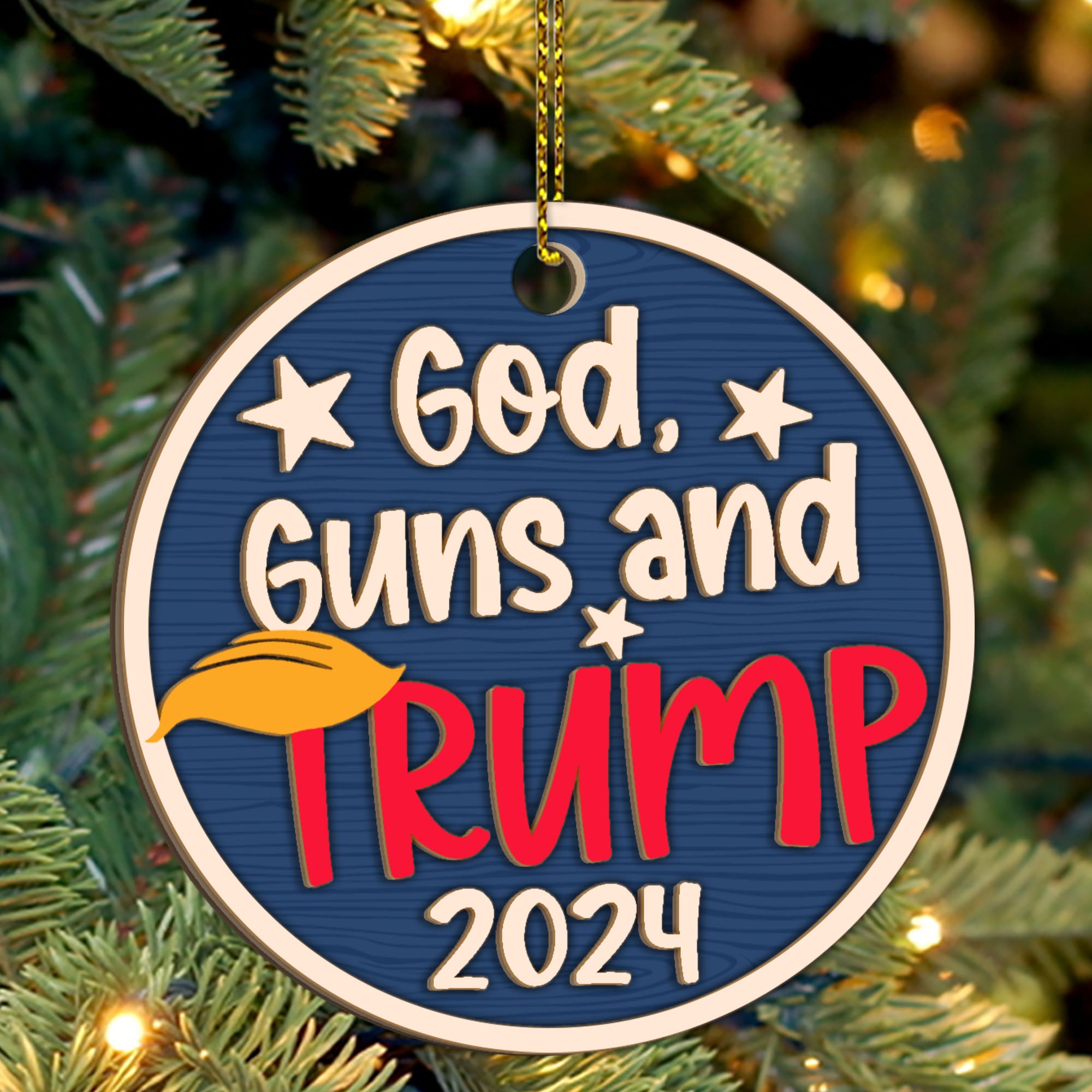 God Guns and Trump Ornament | Trump 2024 Ornament | Gift For Trump Supporters | Patriotic 2 Layered Wooden Ornament C1106 - GOP