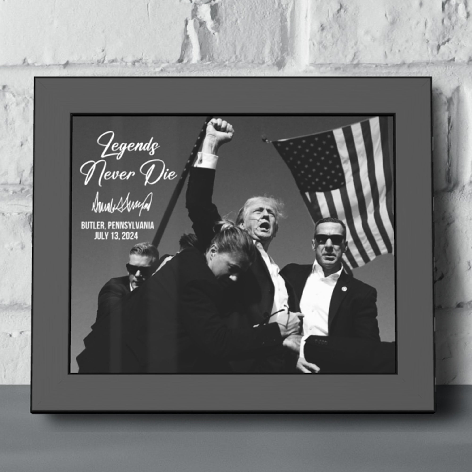 Legends Never Die | Trump Fight 2024 Picture | Trump Pennsylvania Rally | Trump Fight Picture Frame Black and White C1126 - GOP