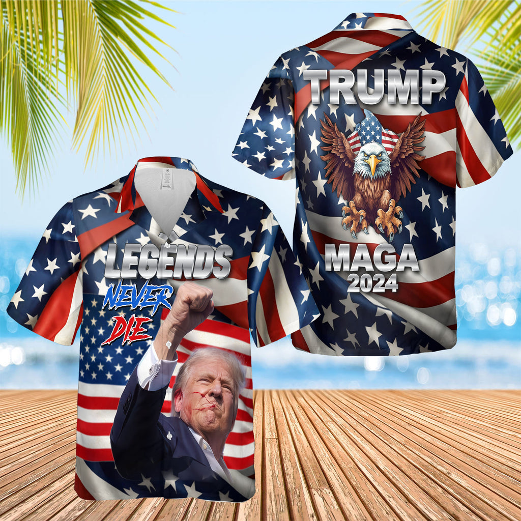 Legends Never Die Hawaiian Shirt, Trump Fight 3D Shirt, Trump