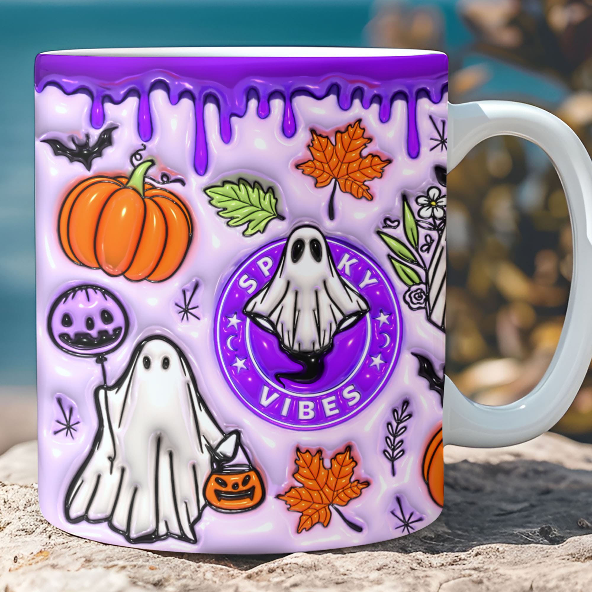 3D Purple Spooky Vibes Mug, Puff Ghost Mug, Halloween 3D Inflated Mug T1270