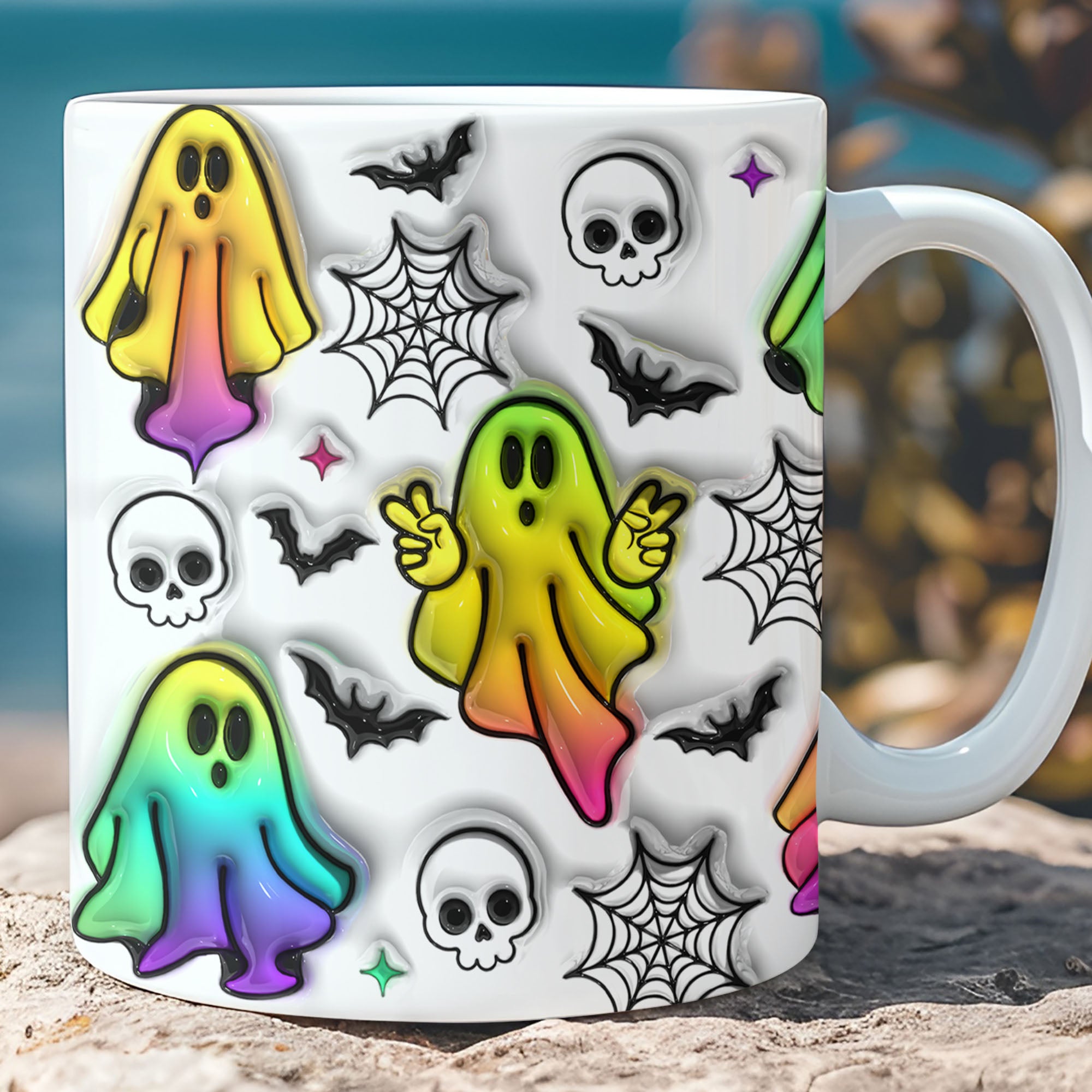 3D Colorful Halloween Ghosts Mug, Puff Spooky Ghost Mug, Halloween 3D Inflated Mug T1271