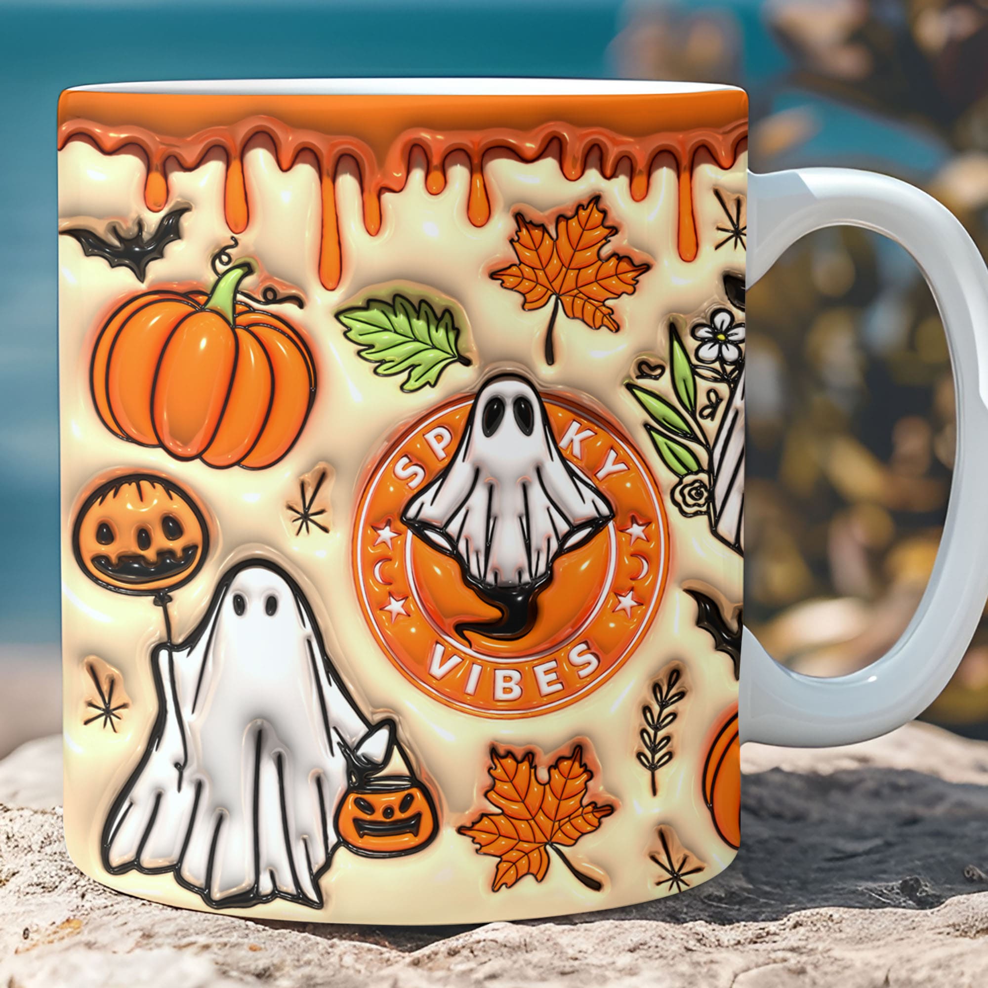 3D Orange Spooky Vibes Mug, Puff Ghost Mug, Halloween 3D Inflated Mug T1272