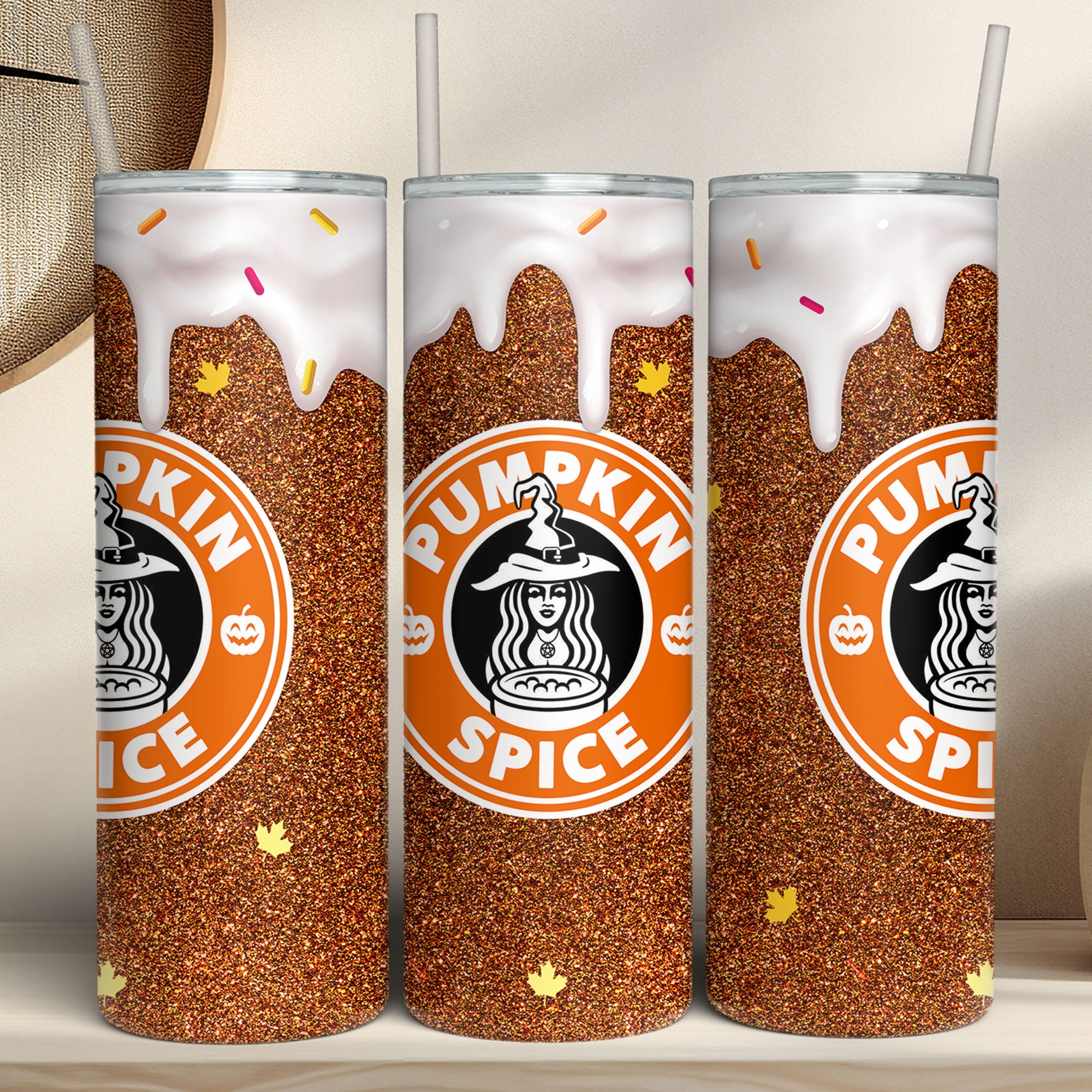 Pumpkin Spice Tumbler, Gold Glitter Tumbler, Halloween Skinny Tumbler T1276