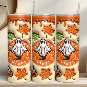 3D Orange Spooky Vibes Tumbler, Puff Halloween Ghost Skinny Tumbler, Halloween 3D Inflated Tumbler T1277