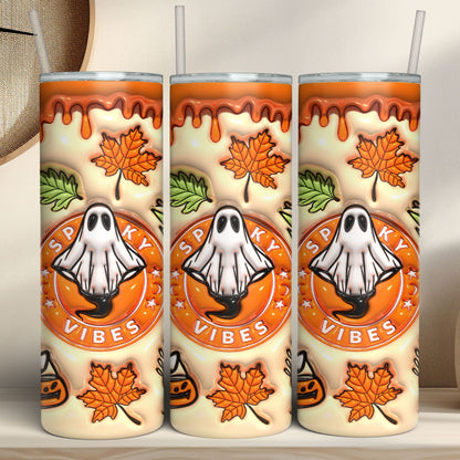 3D Orange Spooky Vibes Tumbler, Puff Halloween Ghost Skinny Tumbler, Halloween 3D Inflated Tumbler T1277
