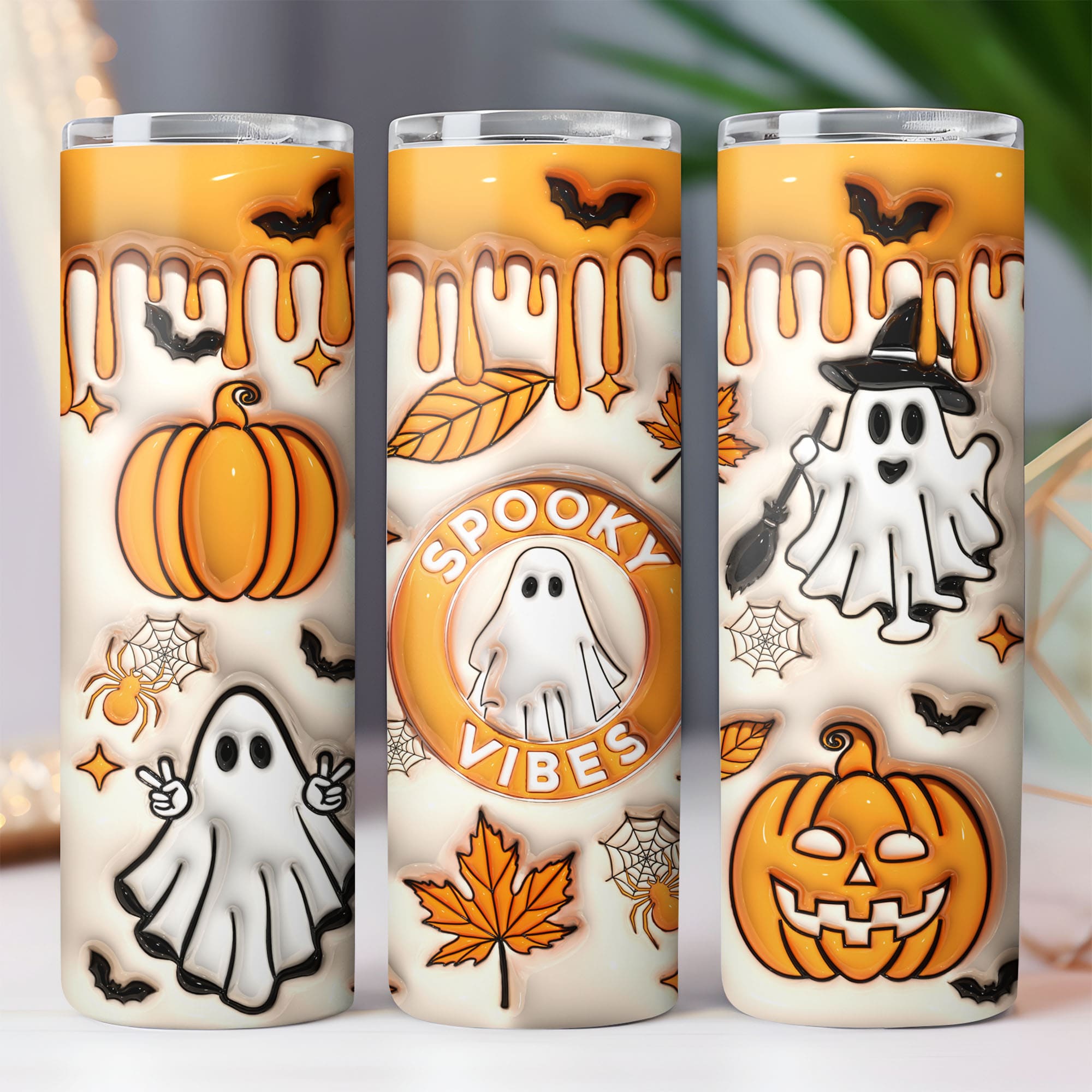 Spooky Vibes Tumbler, Cute Ghost Skinny Tumbler, Halloween 3D Inflated Tumbler T1278