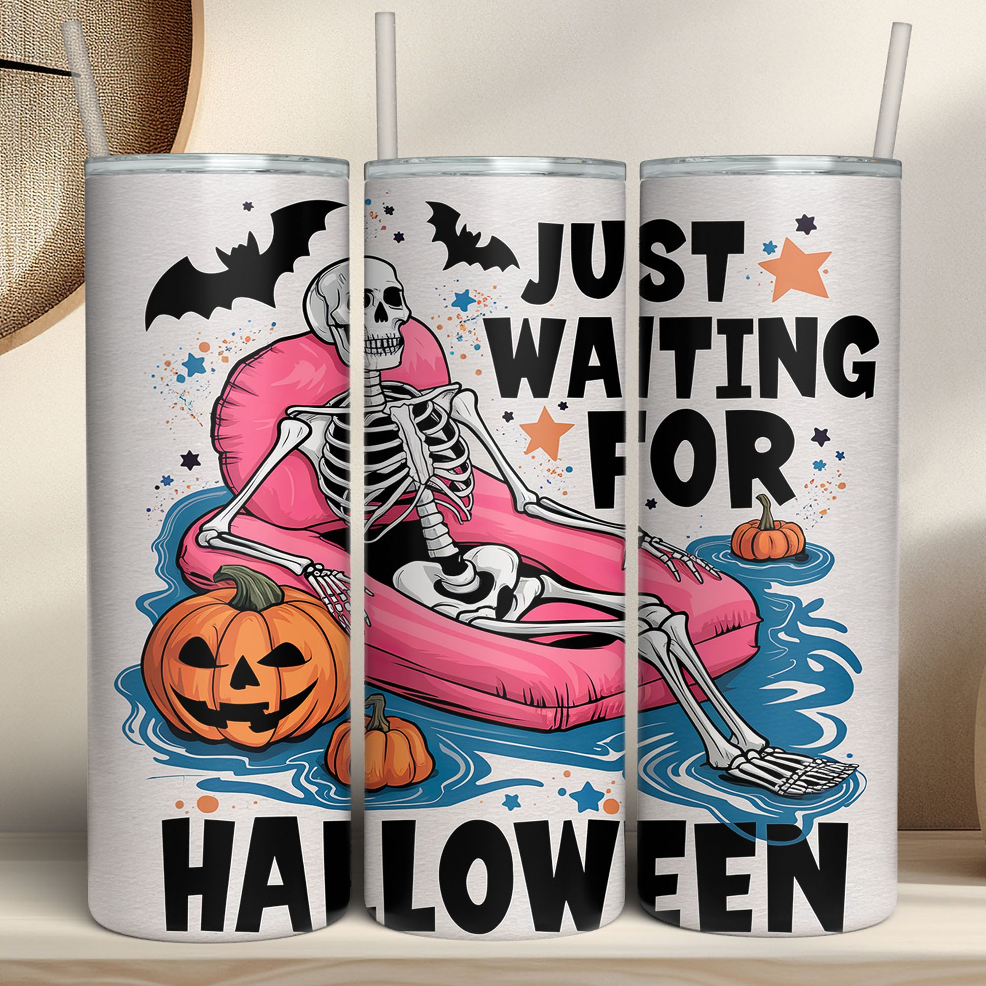 Just Waiting For Halloween Tumbler, Funny Skeleton Tumbler, Halloween Skinny Tumbler T1284