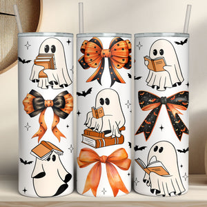 Ghost Book And Bowtie Tumbler, Cute Halloween Tumbler, Halloween Skinny Tumbler T1300