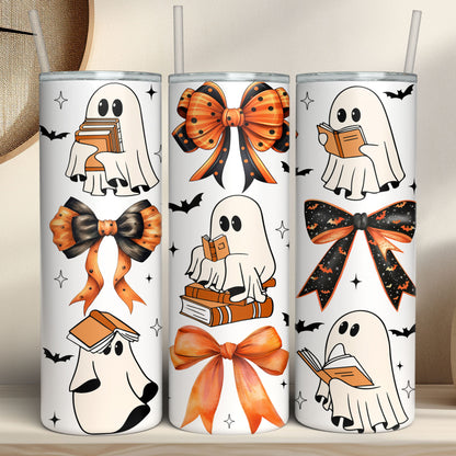 Ghost Book And Bowtie Tumbler, Cute Halloween Tumbler, Halloween Skinny Tumbler T1300