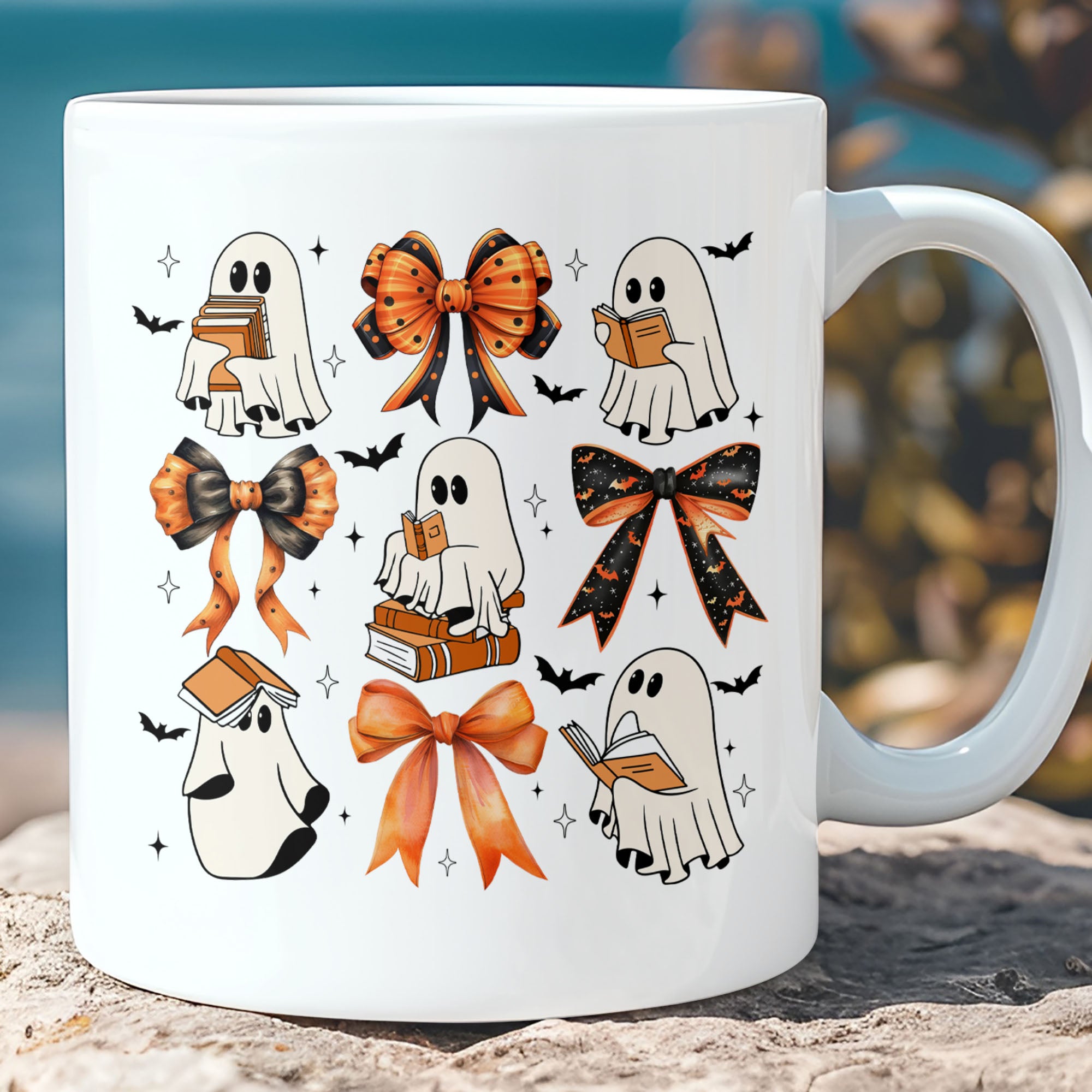 Ghost Book And Bowtie Mug, Cute Ghost Mug, Halloween Mug T1300