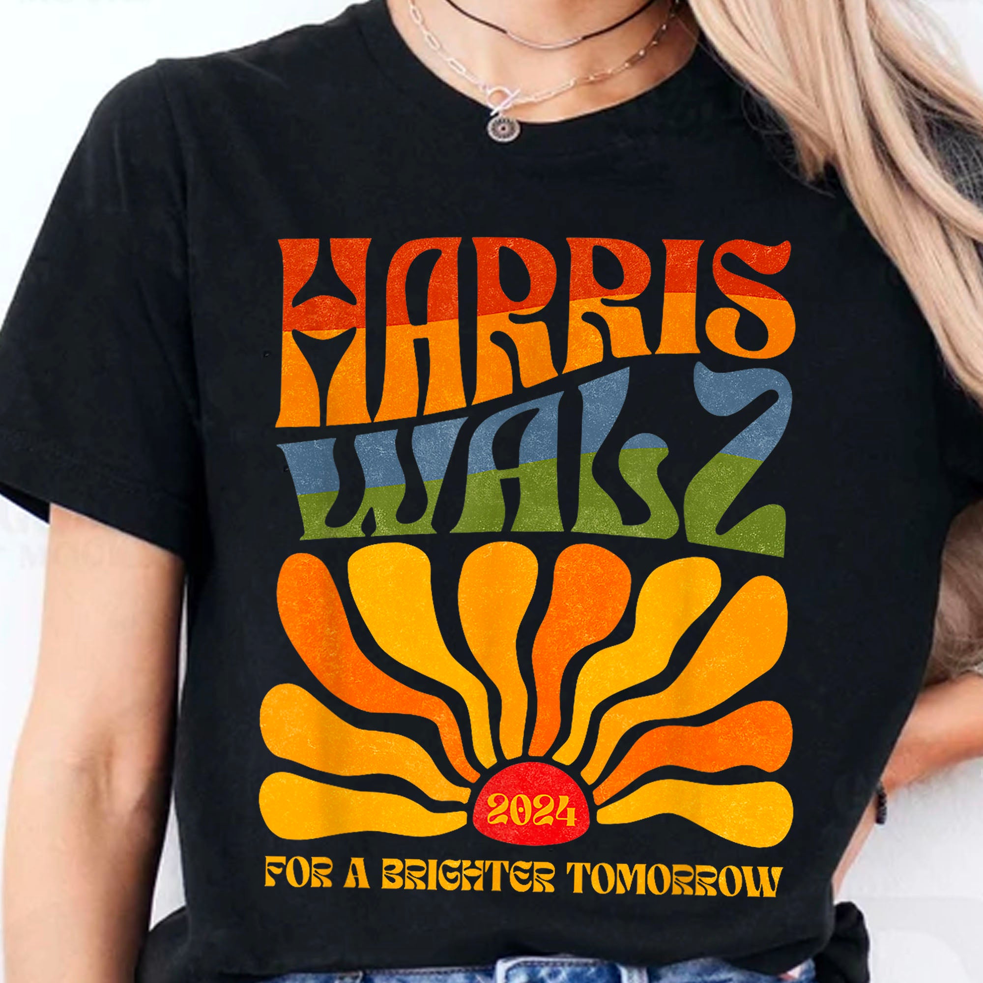 Harris Walz 2024 For A Brighter Tomorrow Boho Aesthetic | Kamala Harris 2024 Shirt | Democrat Shirt Dark T1419 - KH2