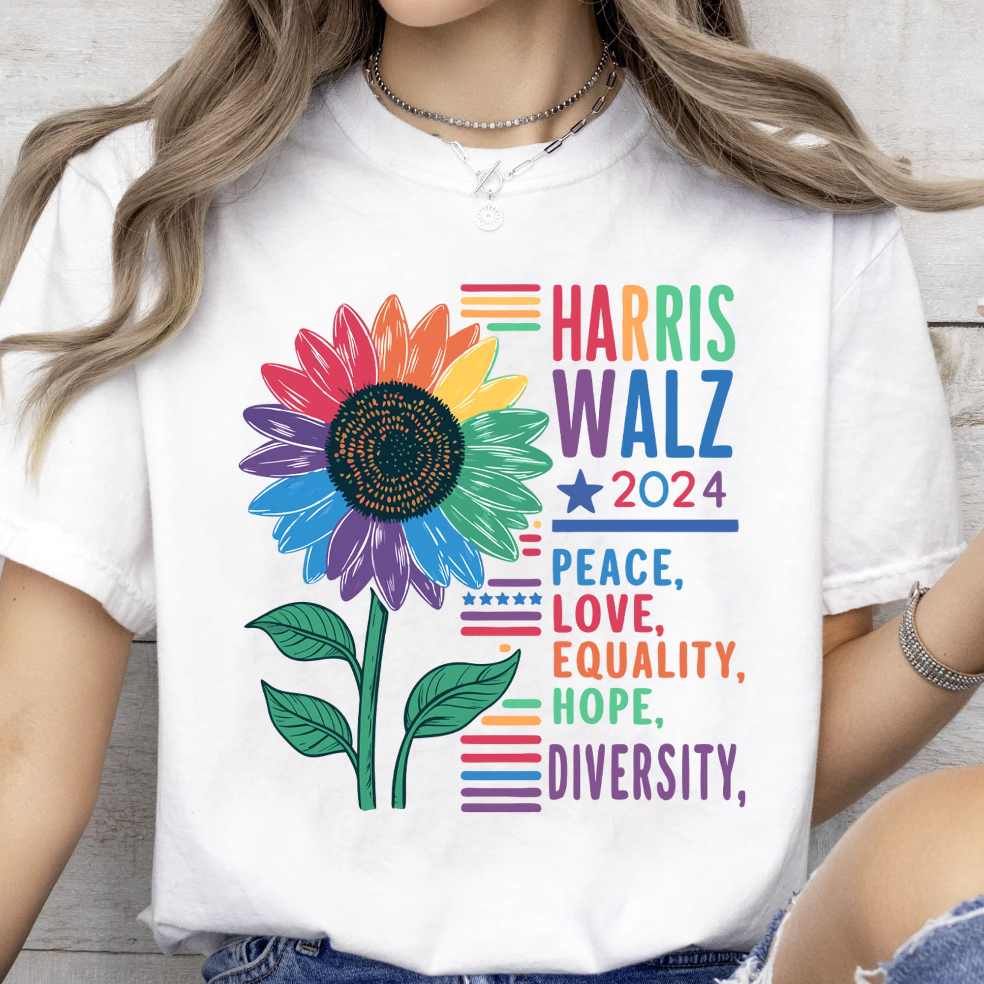 Harris Walz Peace Love Shirt | Kamala Harris 2024 Shirt | Democrat Shirt Bright T1438 - KH2