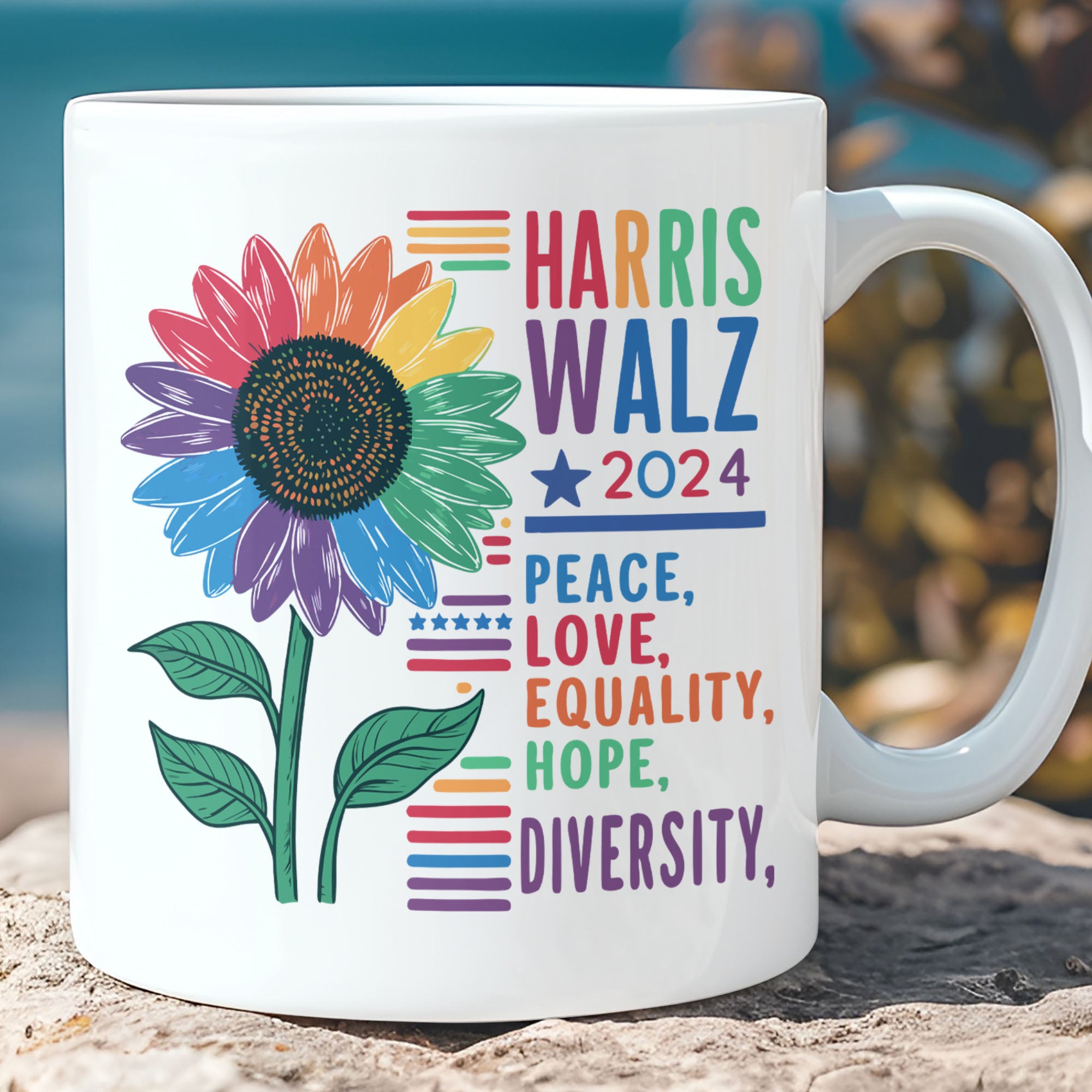 Harris Walz Peace Love 2024 Mug | Kamala Harris 2024 Mug | Democrat White Mug T1438 - KH2