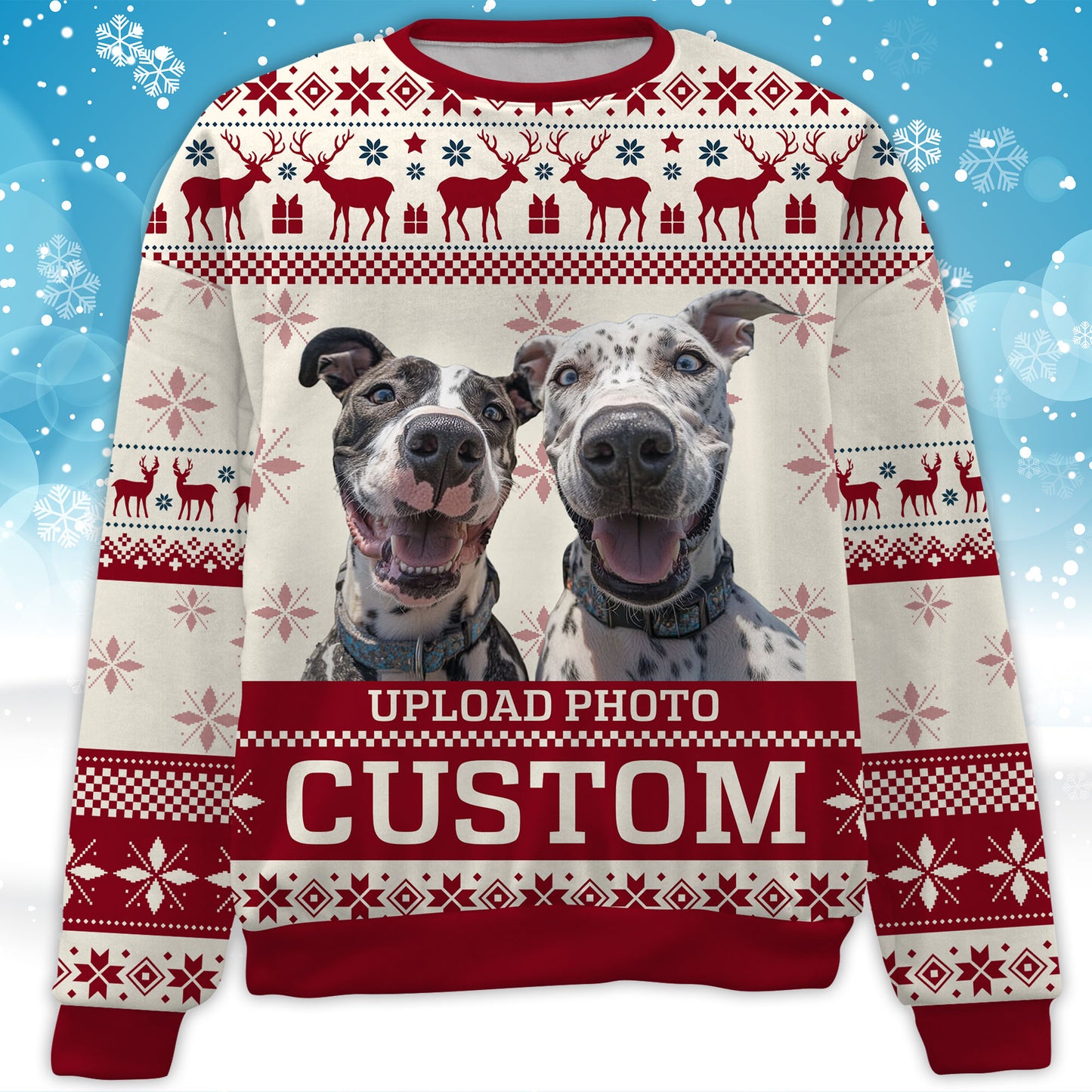 Live Preview Custom Pet Photo Sweater, Christmas All-Over Printed Sweatshirt, Personalized with Your Own Dog or Cat Photo - C1465