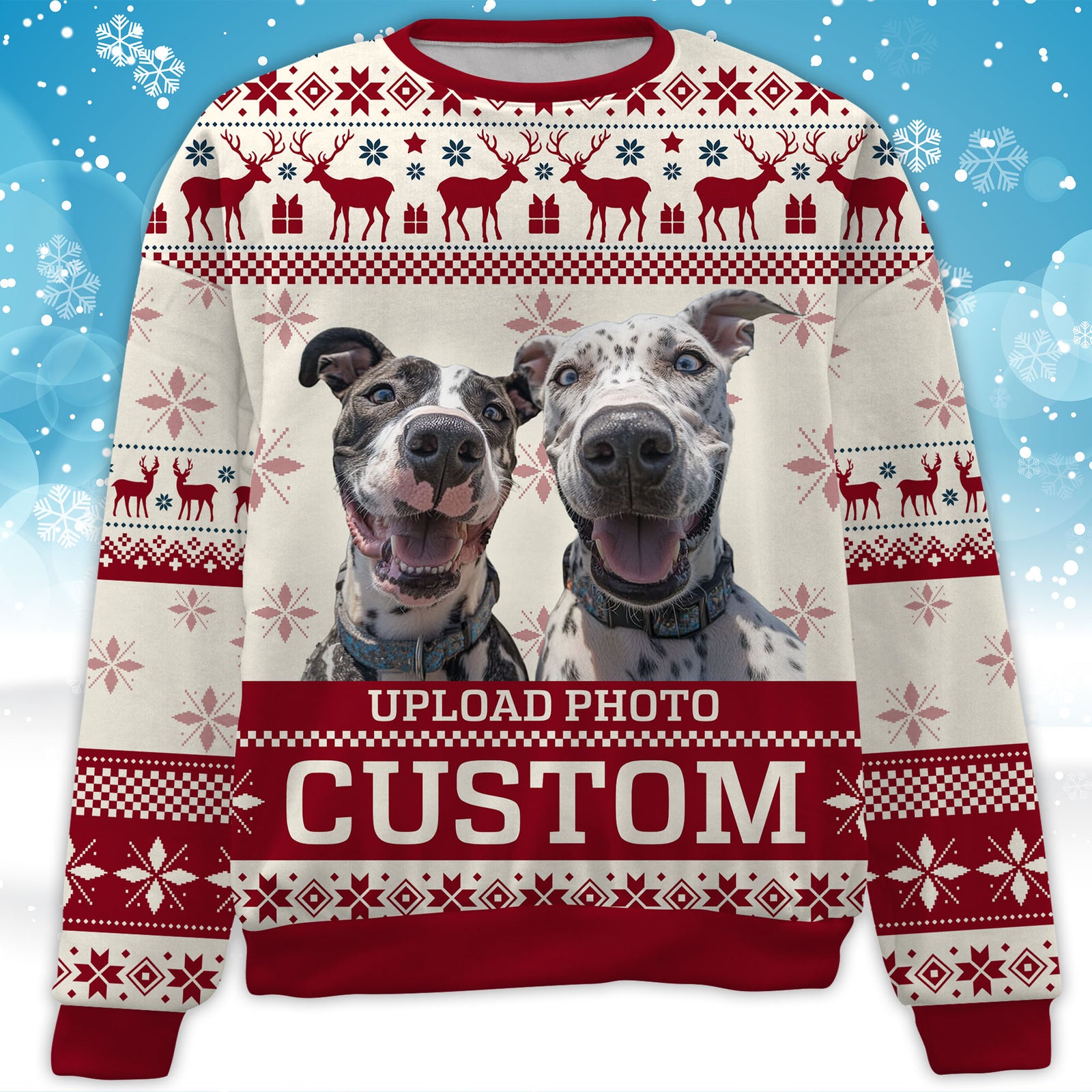 Live Preview Custom Pet Photo Sweater, Christmas All-Over Printed Sweatshirt, Personalized with Your Own Dog or Cat Photo - C1465