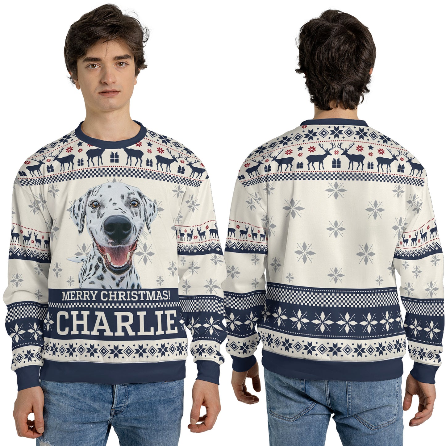 Live Preview Custom Pet Photo Sweater, Christmas All-Over Printed Sweatshirt, Personalized with Your Own Dog or Cat Photo - C1465