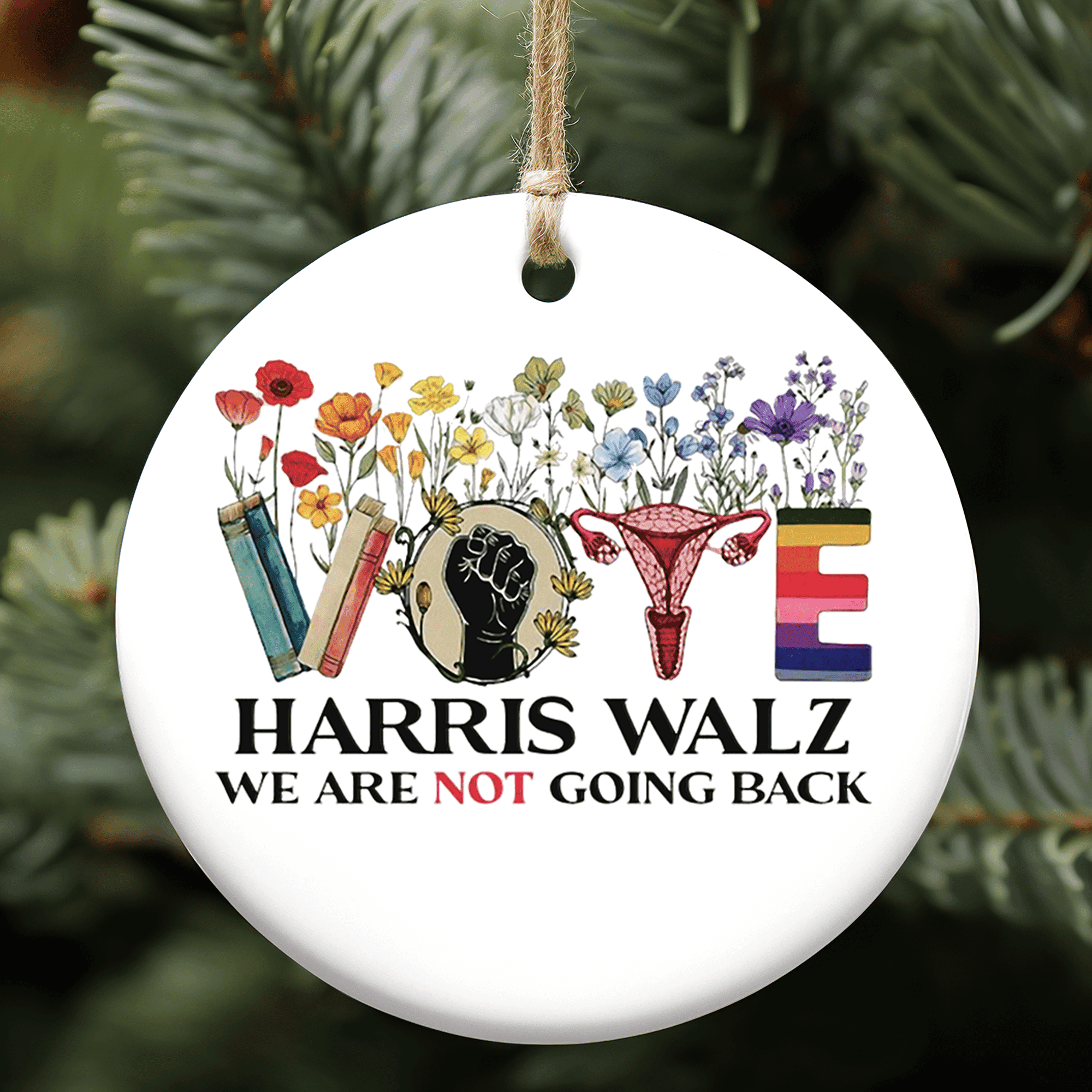 Floral Vote Harris Walz We Are Not Going Back Ornament | Kamala Harris 2024 Ornament | Democrat Christmas Ceramic Ornament T1466 - KH2