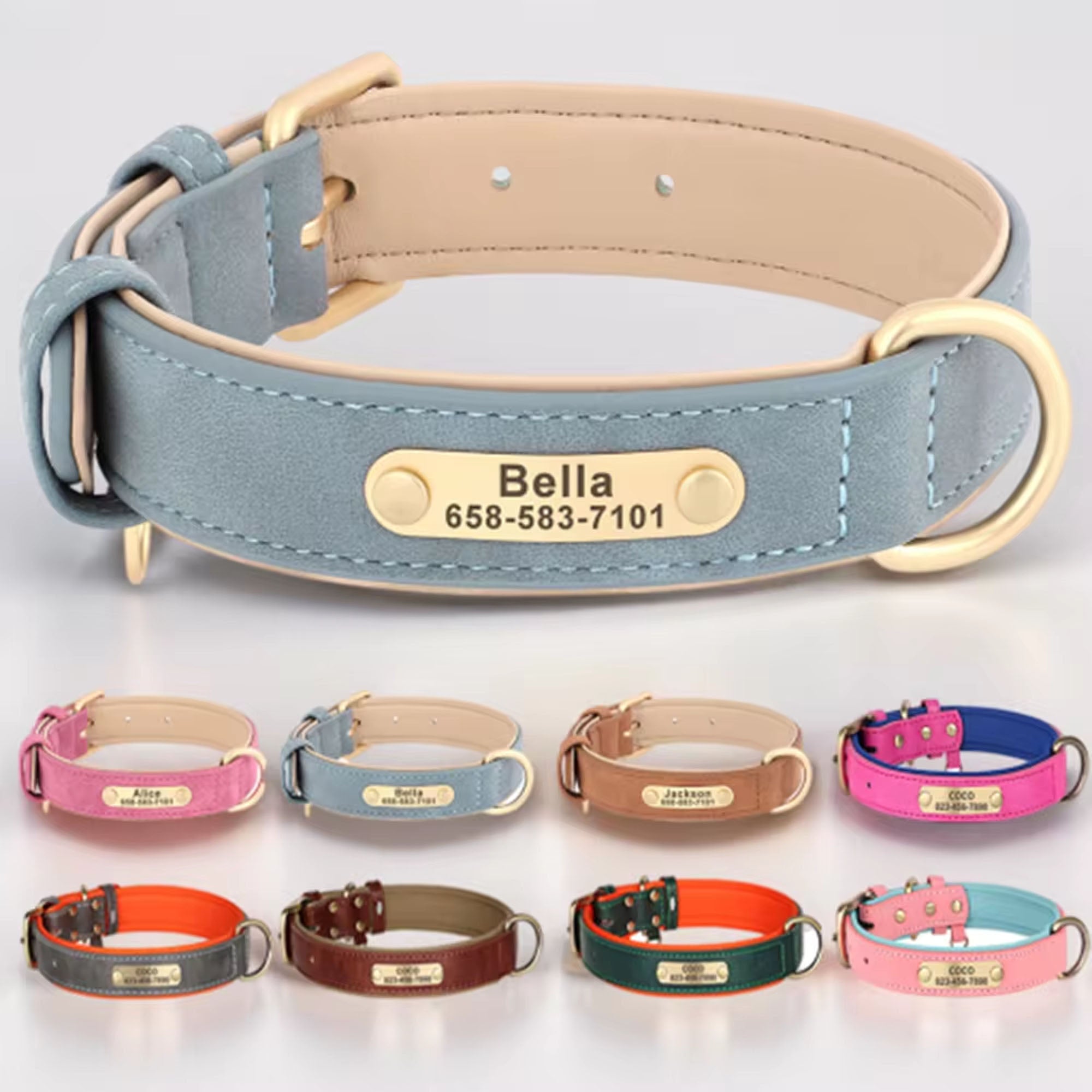 Personalized Dog Collar, Custom Engraved PU Leather Dog Collars, Free Engraving ID Tag Nameplate For Small Medium Large Dogs - C1502