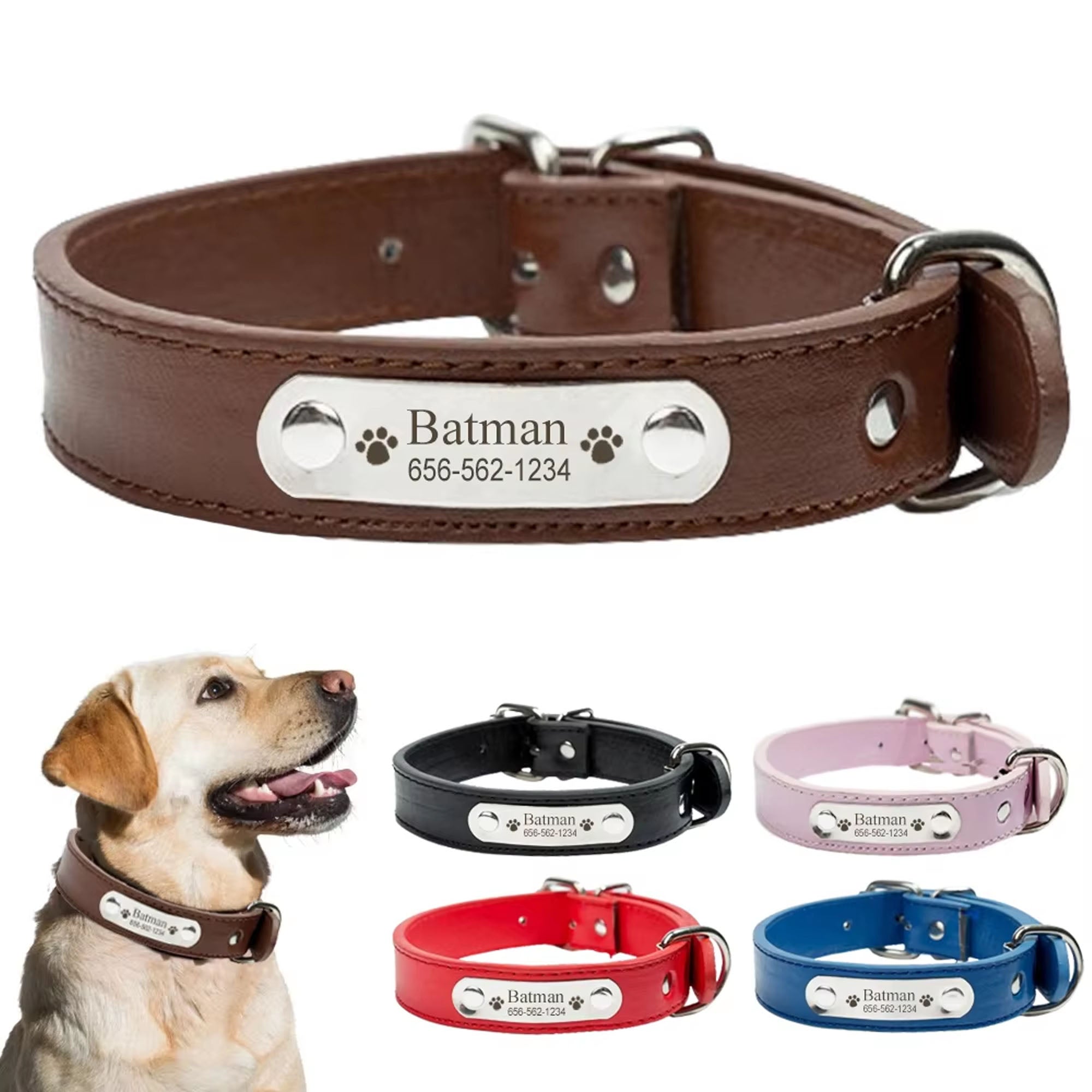 Personalized PU Leather Dog Collar | Durable Adjustable Engrave Name ID Tag | Customized Collar for Pet Small Medium Large Dog - C1531