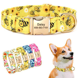 Personalized Nylon Dog Collar Flower Bee Printed | Custom Name ID Dog Collars | Adjustable for Small Medium Large Dogs - C1538