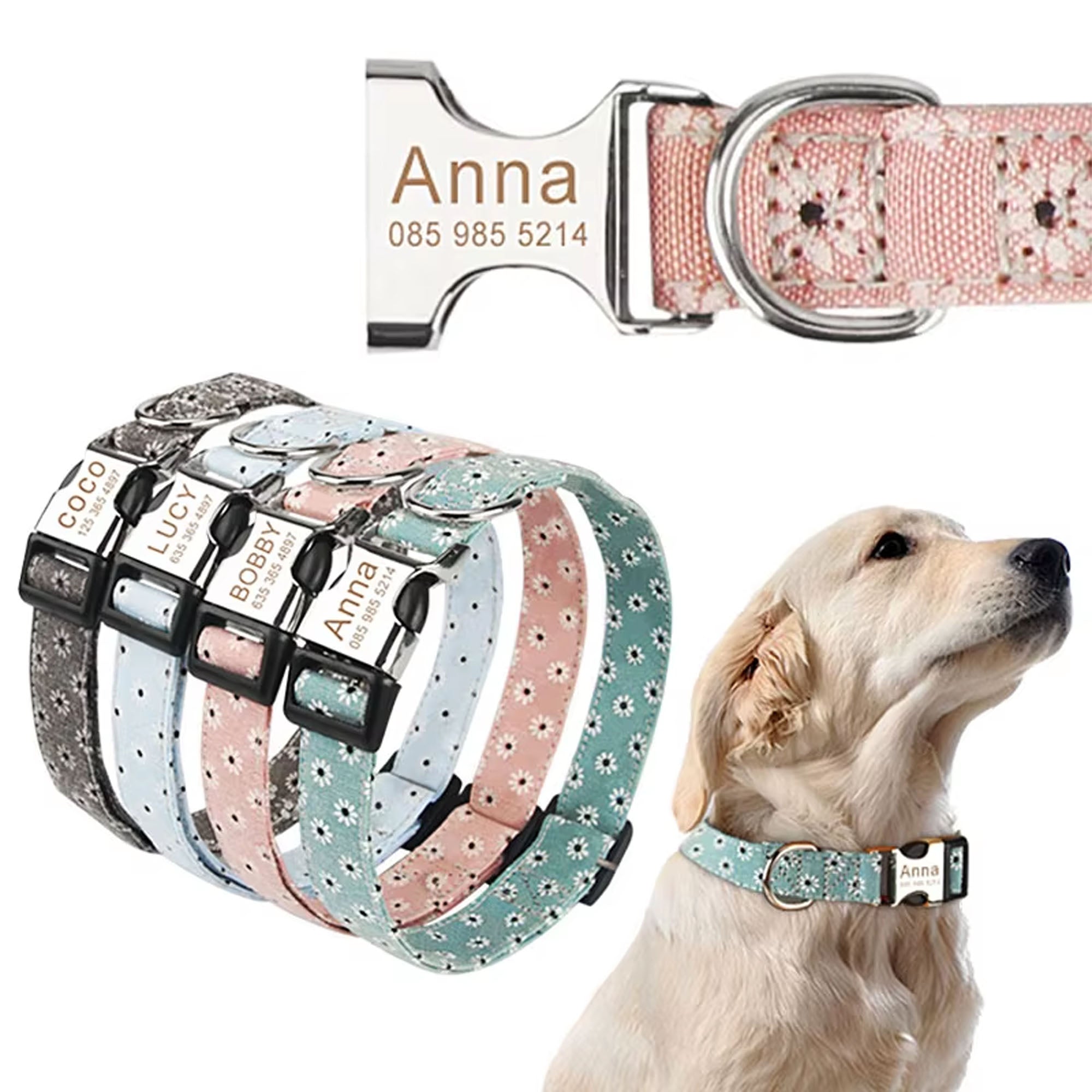 Personalized Pet Collar Flower | Custom Dog Collar Engraved Tag ID Name | Adjustable for Small Medium Large Dogs - C1539