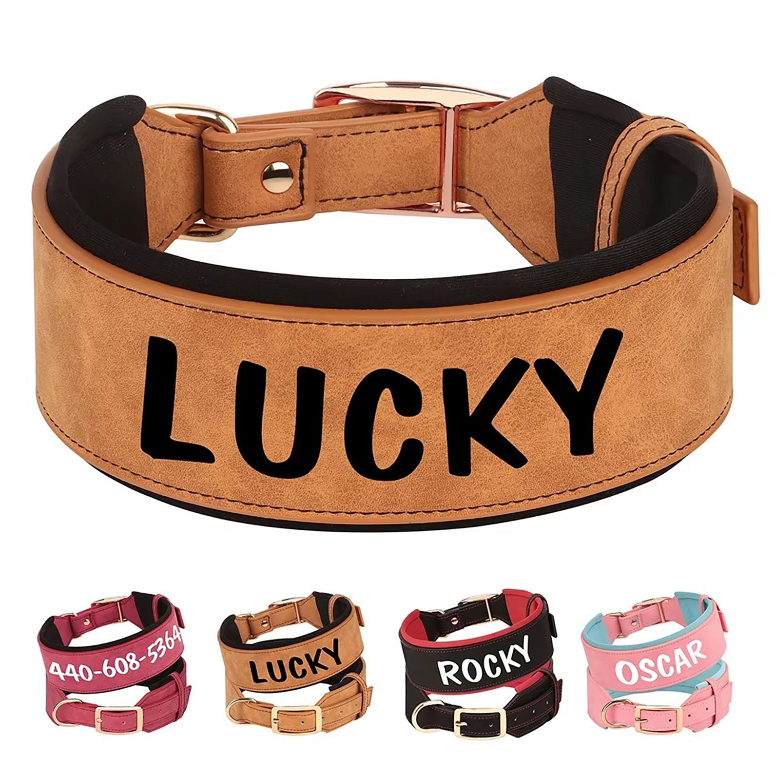 Wide Personalized Dog Collar PU Leather | Custom Dog Collar Tag ID Name | Adjustable Soft Pet Collar for Small Medium Large Dogs - T1580