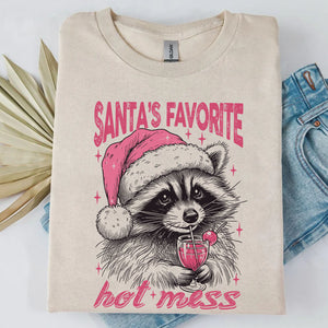 Santa's Favorite Hot Mess Shirt, Funny Christmas Raccoon Sweater, Trendy Pink Christmas Sweatshirt T1640