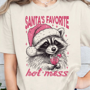 Santa's Favorite Hot Mess Shirt, Funny Christmas Raccoon Sweater, Trendy Pink Christmas Sweatshirt T1640