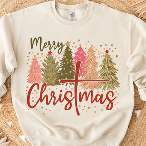 Retro Merry Christmas Shirt, Christmas Cross Sweater, Xmas Tree Holiday Sweatshirt T1650