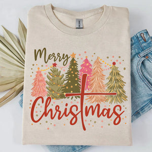 Retro Merry Christmas Shirt, Christmas Cross Sweater, Xmas Tree Holiday Sweatshirt T1650