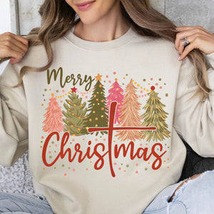 Retro Merry Christmas Shirt, Christmas Cross Sweater, Xmas Tree Holiday Sweatshirt T1650