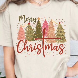 Retro Merry Christmas Shirt, Christmas Cross Sweater, Xmas Tree Holiday Sweatshirt T1650