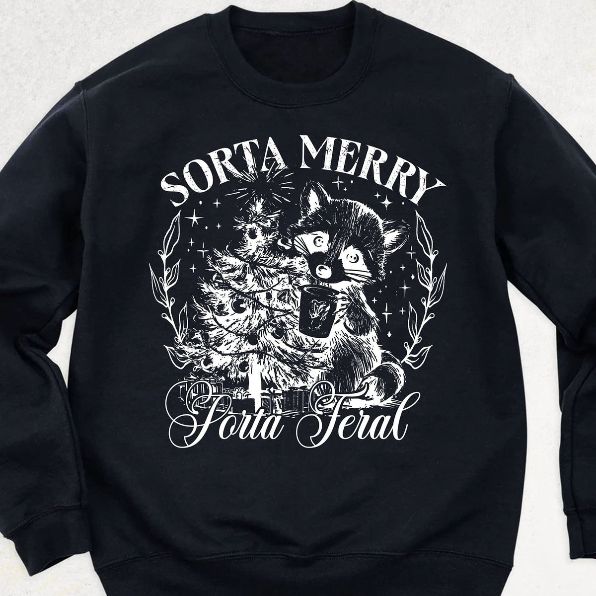 Sorta Merry Sorta Feral, Funny Christmas Raccoon Coquette, Trendy Christmas Vintage Sweatshirt T1654