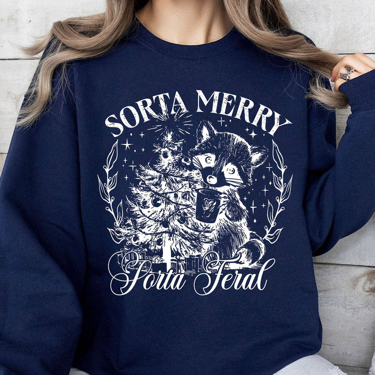 Sorta Merry Sorta Feral, Funny Christmas Raccoon Coquette, Trendy Christmas Vintage Sweatshirt T1654