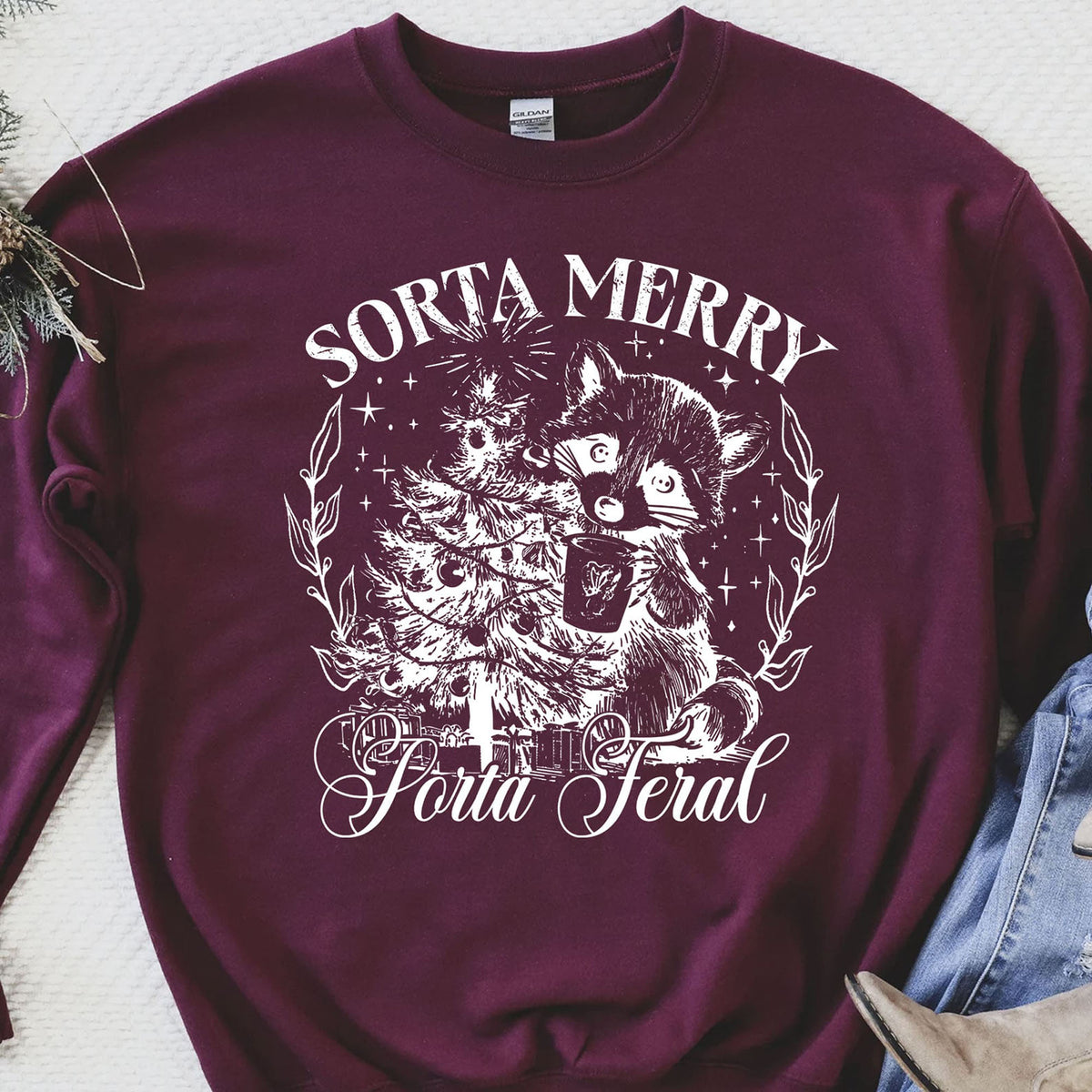 Sorta Merry Sorta Feral, Funny Christmas Raccoon Coquette, Trendy Christmas Vintage Sweatshirt T1654