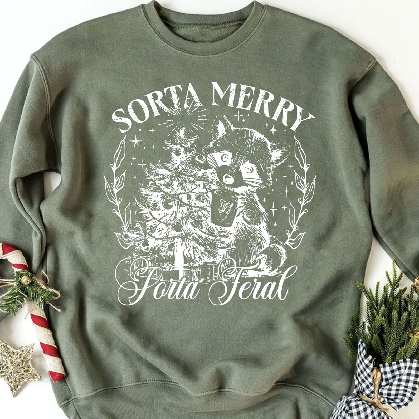 Sorta Merry Sorta Feral, Funny Christmas Raccoon Coquette, Trendy Christmas Vintage Sweatshirt T1654