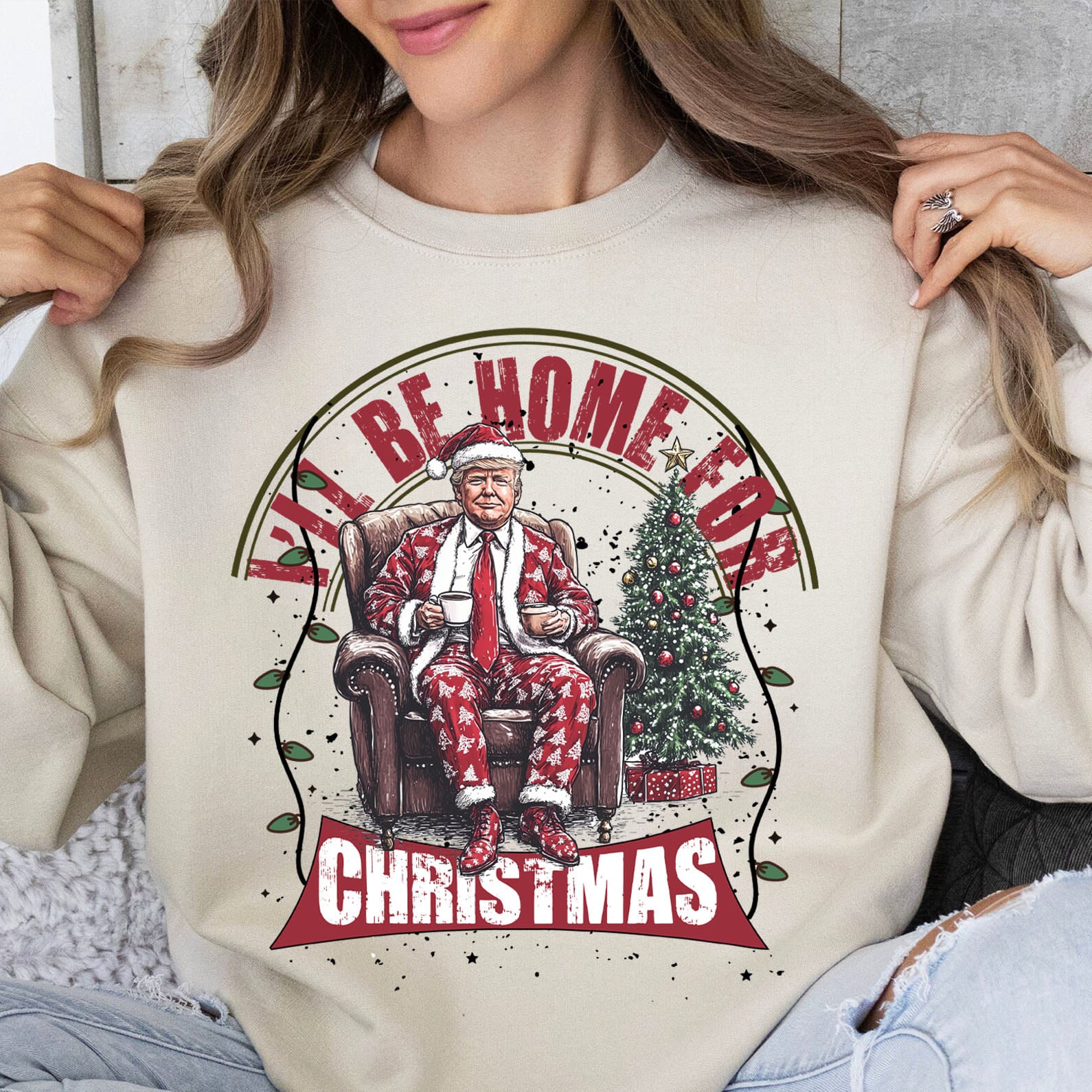 Trump I'll Be Home for Christmas Sweatshirt, Humorous Trump Christmas Sweatshirt, Trump Supporters 2024 Ugly Sweatshirt T1661 - GOP