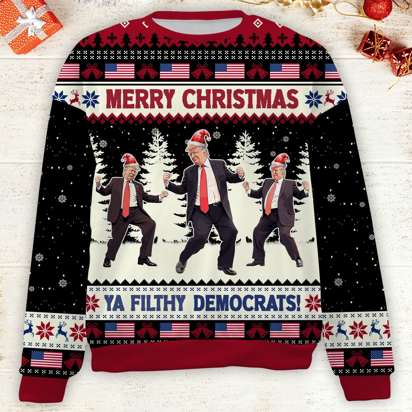 Merry Christmas Ya Filthy Democrats, Funny Trump Dancing Ugly Sweater, Trump 2024 Christmas All-Over-Printed Sweatshirt C1795 - GOP