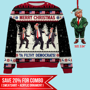 Merry Christmas Ya Filthy Democrats, Funny Trump Dancing Ugly Sweater, Trump 2024 Christmas All-Over-Printed Sweatshirt C1795 - GOP