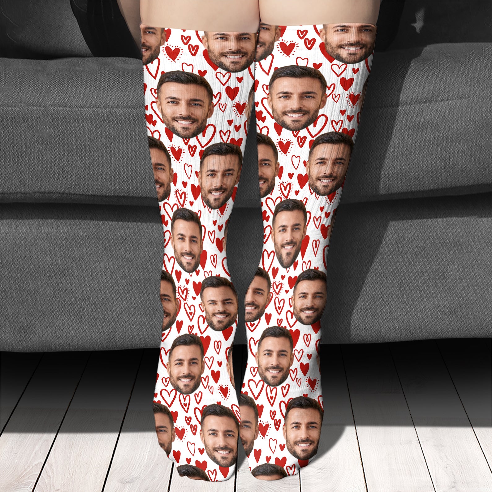 Custom Face Heart Pattern Socks, Custom Face Photo Socks, Custom Christmas Gift Ideas for Husband, Wife, Boyfriend, Girlfriend - 681848