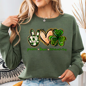 Peace Love St Pattys Day Tee, St Patrick's Day Shirt, St. Patrick's Day Sweater, Irish Shirt Dark 681871