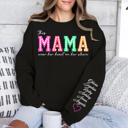 This Mama Wears Her Heart on Her Sleeve Custom Name Shirt, Personalized Custom Sleeve Print Sweatshirt, Mother's Day Gifts 682068