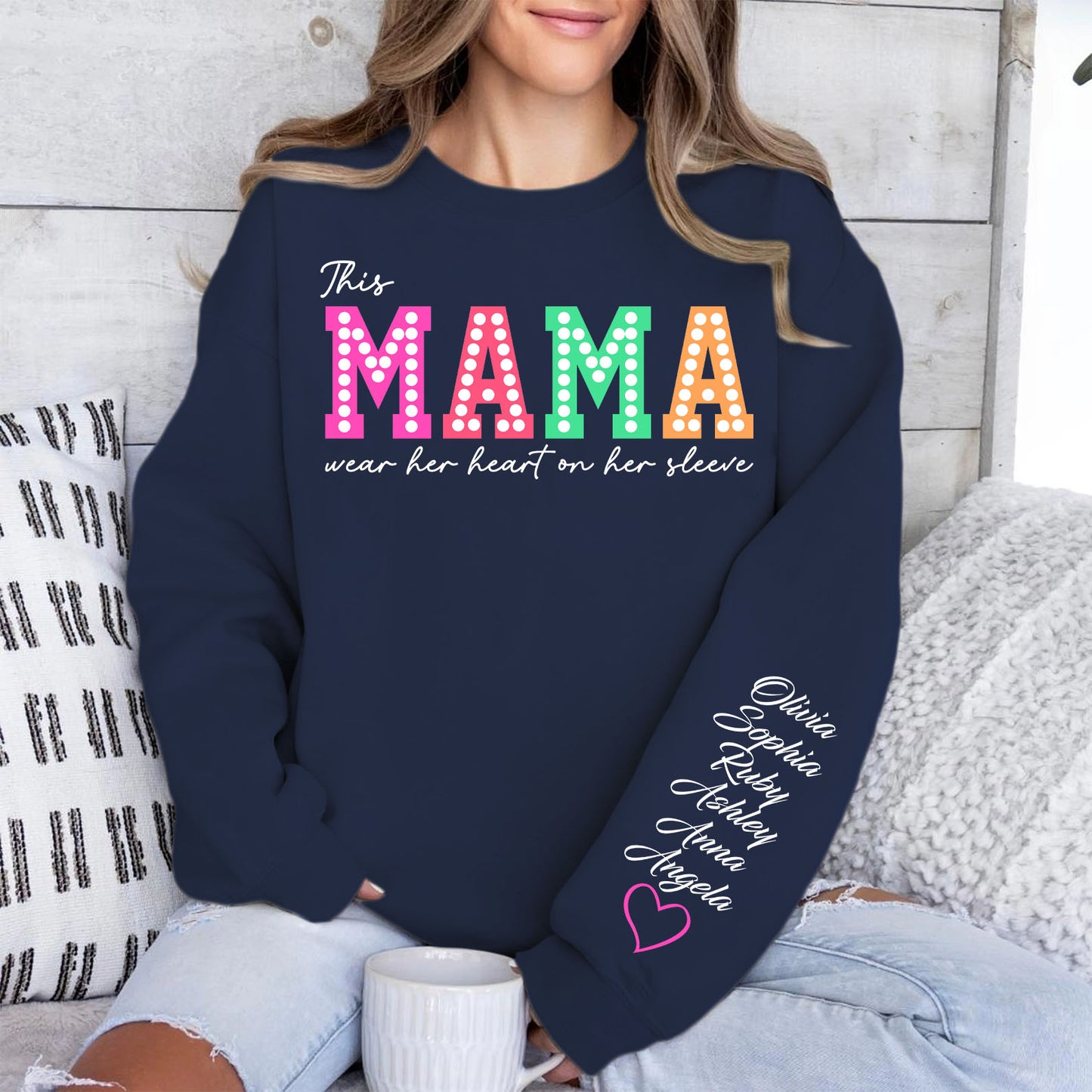 This Mama Wears Her Heart on Her Sleeve Custom Name Shirt, Personalized Custom Sleeve Print Sweatshirt, Mother's Day Gifts 682068
